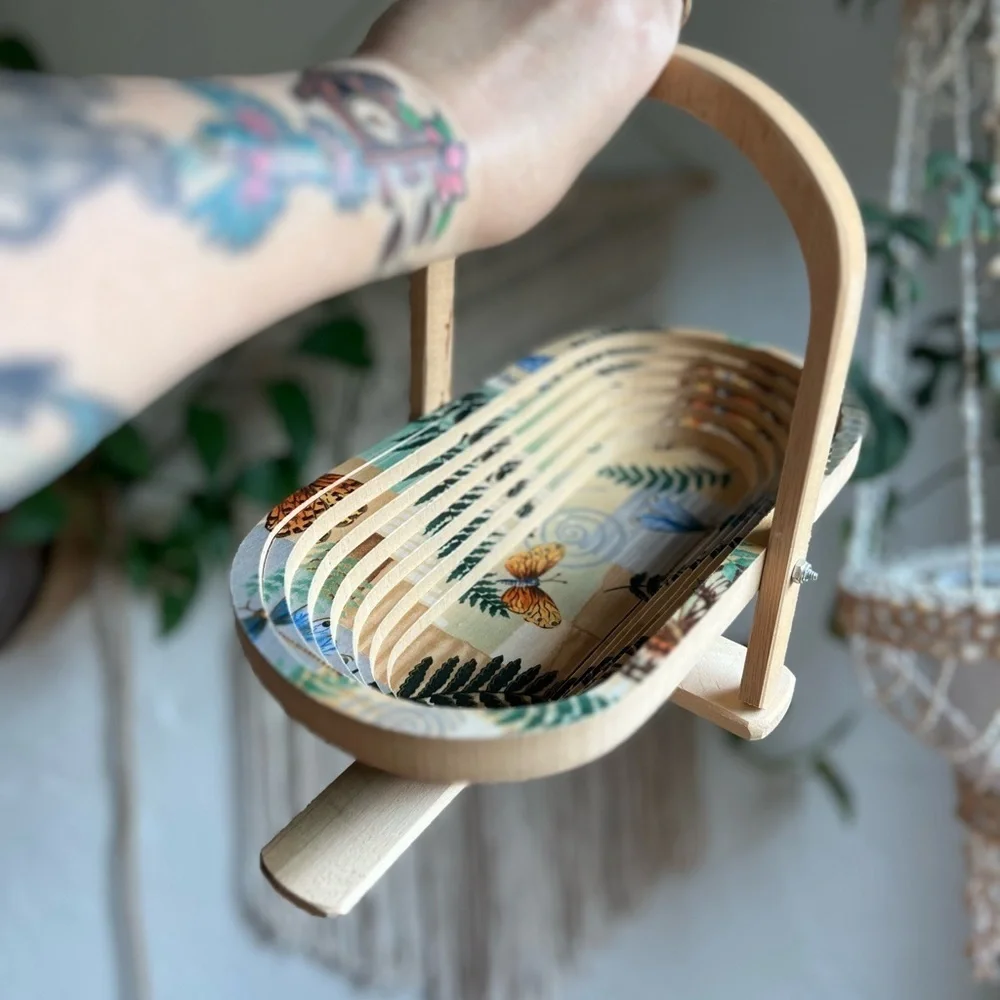 Folding Wooden Basket 12x6” – Butterfly Fern Boho Tray Rustic Cottagecore Decor